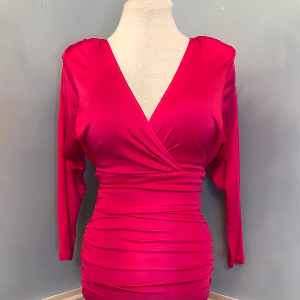 Brand New with Tags Hot Pink BCBG MaxAzria Long Sleeve Ruched Bodycon Dress